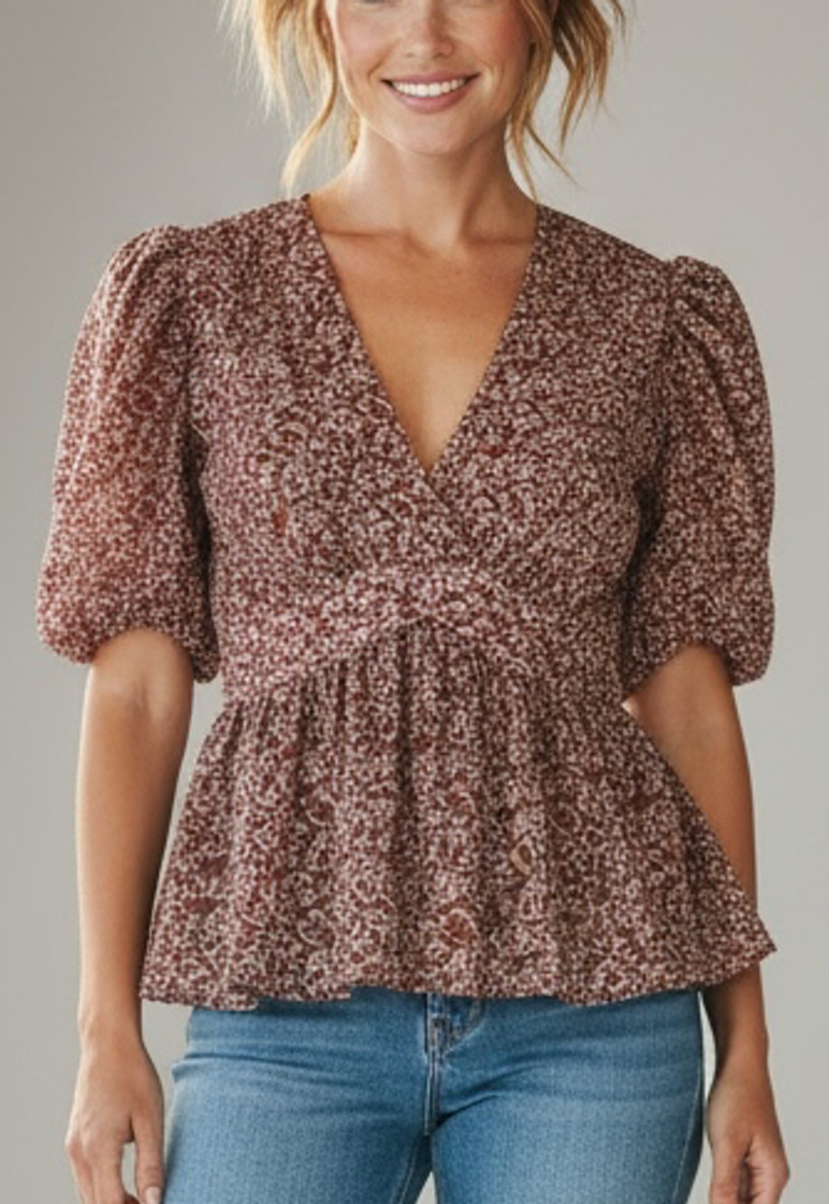 Tory Burch Silk Blend Floral Puff Sleeve Peplum Top Size 6